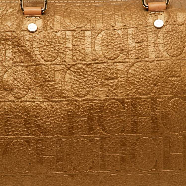 Pre Owned CH Carolina Herrera Metallic Bronze Monogram Leather Large Andy Boston Bag