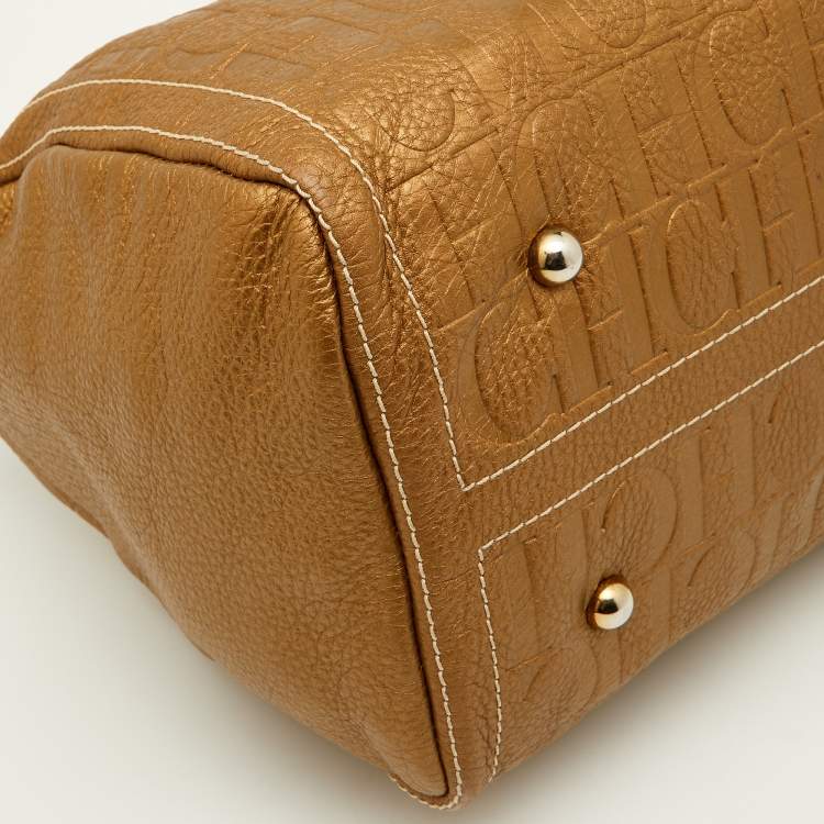 Pre Owned CH Carolina Herrera Metallic Bronze Monogram Leather Large Andy Boston Bag