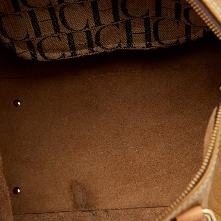 Pre Owned CH Carolina Herrera Metallic Bronze Monogram Leather Large Andy Boston Bag