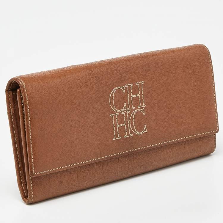 Pre Owned CH Carolina Herrera Brown Leather Monogram Continental Wallet
