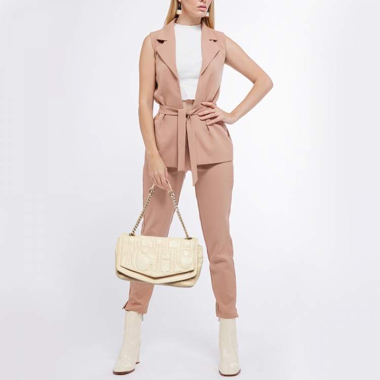 Pre Owned CH Carolina Herrera Beige Leather Flap Chain Shoulder Bag
