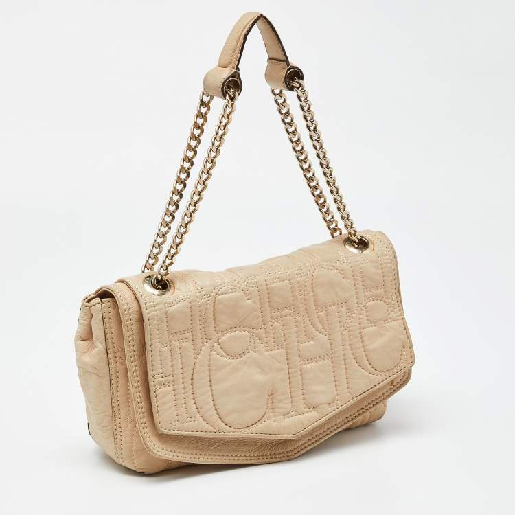 Pre Owned CH Carolina Herrera Beige Leather Flap Chain Shoulder Bag