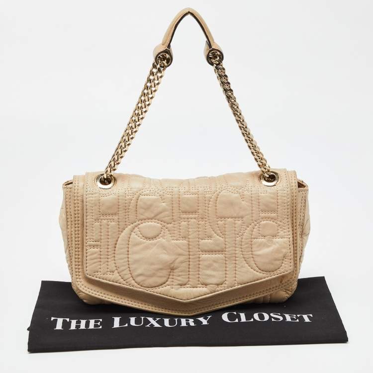 Pre Owned CH Carolina Herrera Beige Leather Flap Chain Shoulder Bag