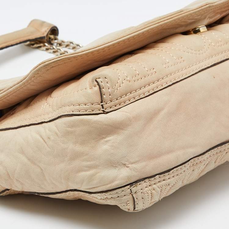 Pre Owned CH Carolina Herrera Beige Leather Flap Chain Shoulder Bag