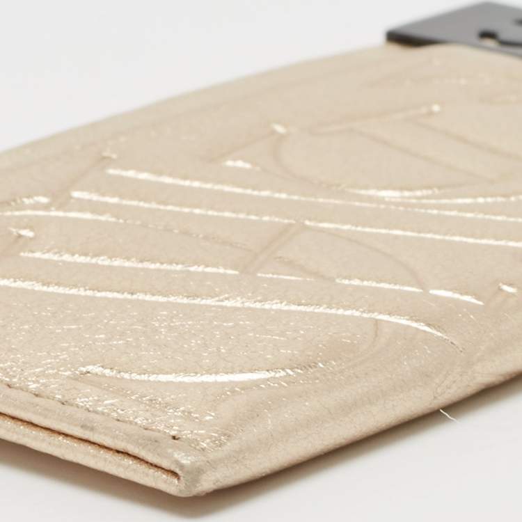 Pre Owned CH Carolina Herrera Metallic Gold Monogram Leather Card Holder