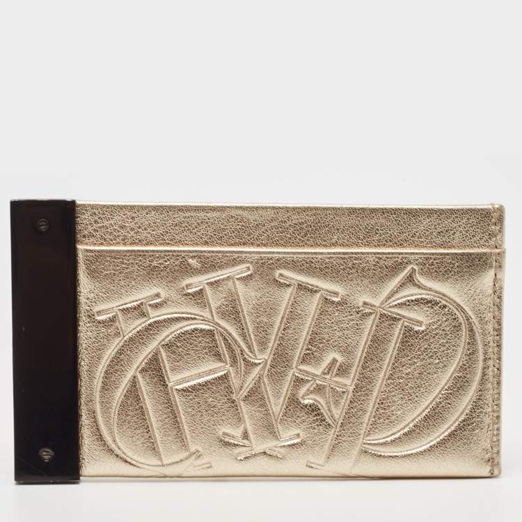 Pre Owned CH Carolina Herrera Metallic Gold Monogram Leather Card Holder