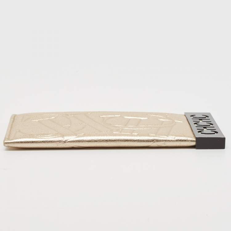 Pre Owned CH Carolina Herrera Metallic Gold Monogram Leather Card Holder