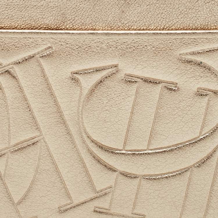 Pre Owned CH Carolina Herrera Metallic Gold Monogram Leather Card Holder