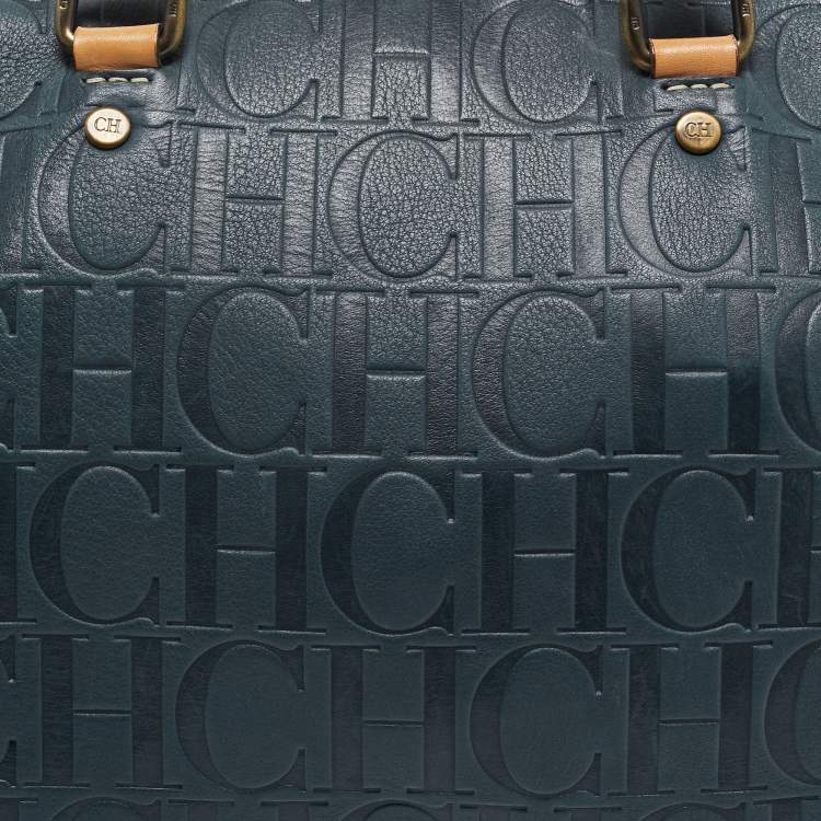 Pre Owned CH Carolina Herrera Dark Blue Monogram Embossed Leather Andy Boston Bag