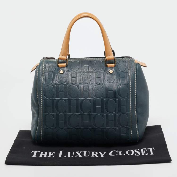 Pre Owned CH Carolina Herrera Dark Blue Monogram Embossed Leather Andy Boston Bag