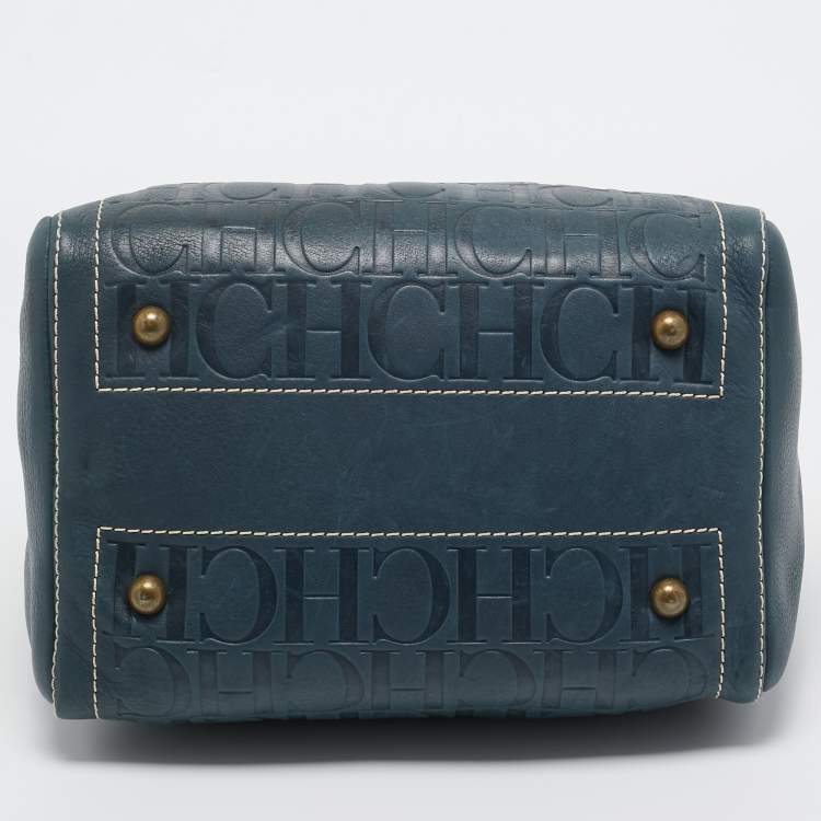 Pre Owned CH Carolina Herrera Dark Blue Monogram Embossed Leather Andy Boston Bag