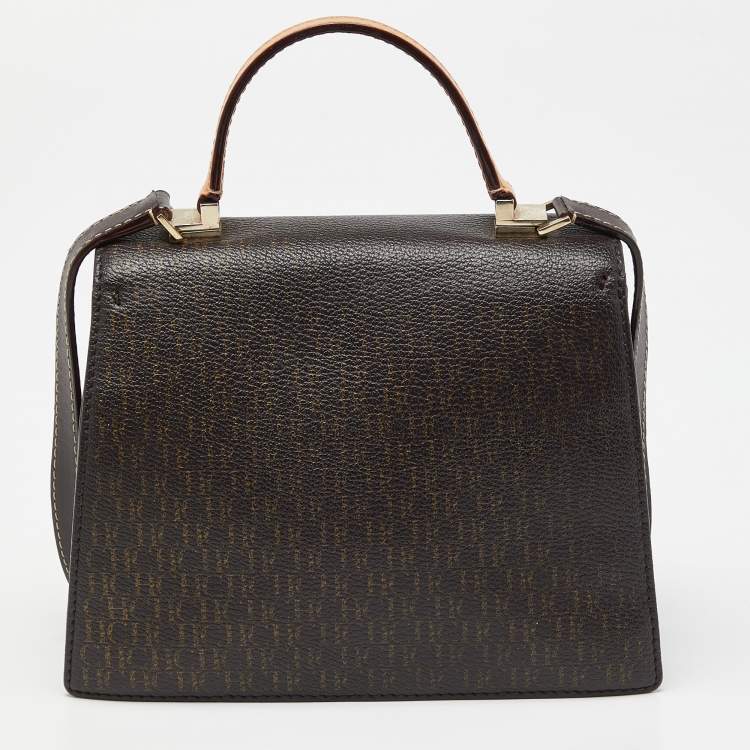 Pre Owned CH Carolina Herrera Brown Monogram Coated Canvas and Leather Top Handle Bag
