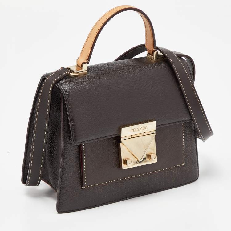 Pre Owned CH Carolina Herrera Brown Monogram Coated Canvas and Leather Top Handle Bag