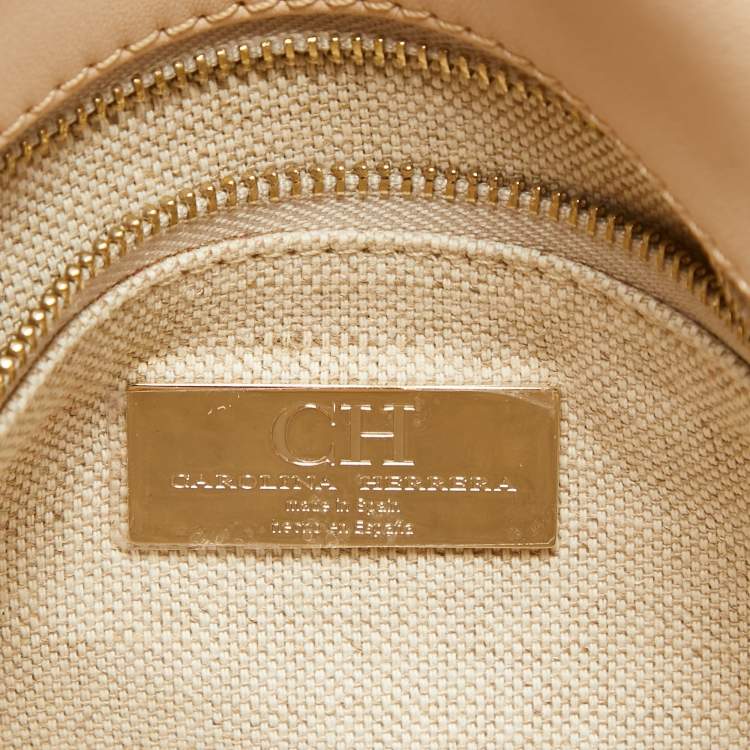 Pre Owned CH Carolina Herrera Light Beige/Gold Embossed Leather Top Handle Bag