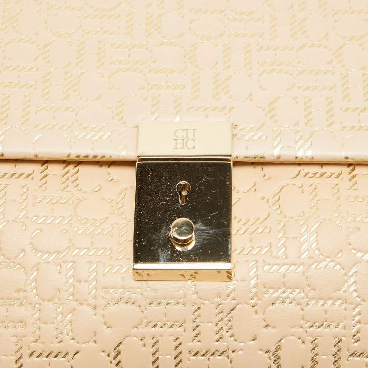 Pre Owned CH Carolina Herrera Light Beige/Gold Embossed Leather Top Handle Bag