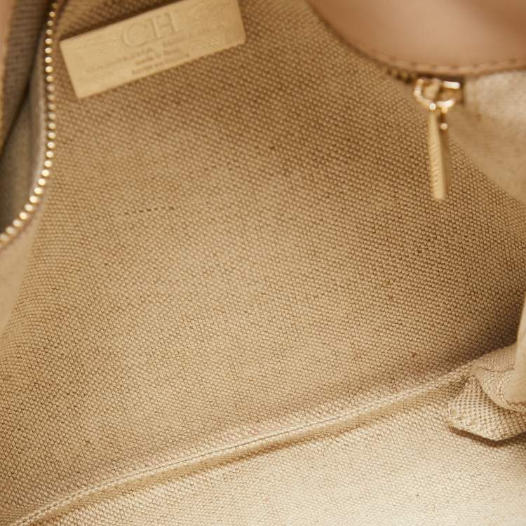 Pre Owned CH Carolina Herrera Light Beige/Gold Embossed Leather Top Handle Bag
