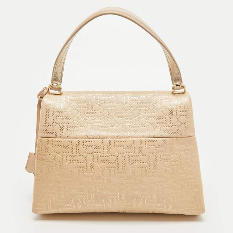 Pre Owned CH Carolina Herrera Light Beige/Gold Embossed Leather Top Handle Bag