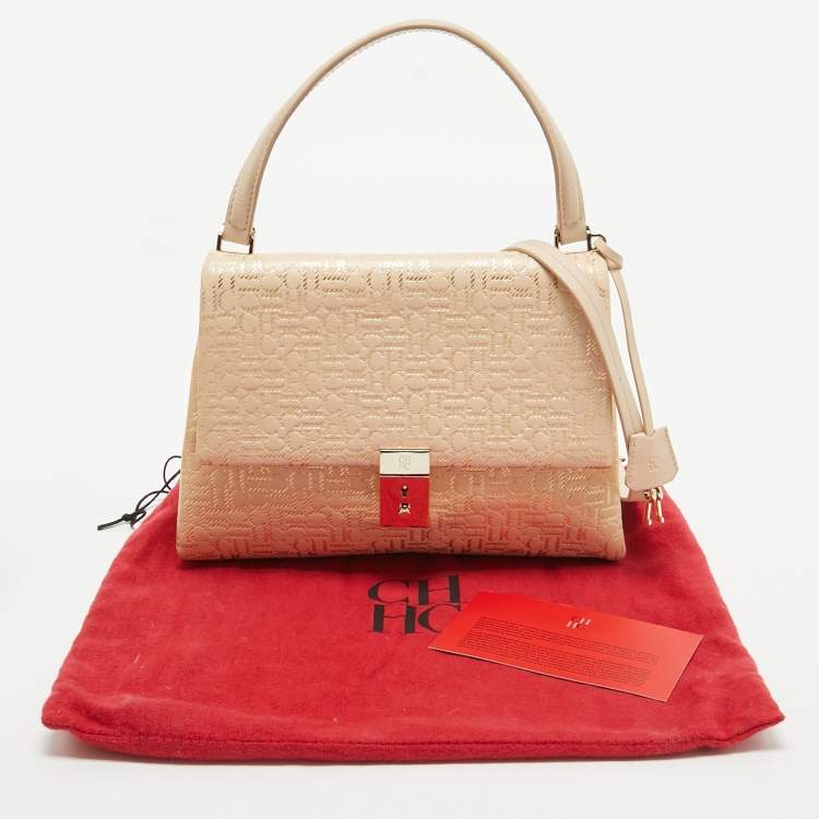 Pre Owned CH Carolina Herrera Light Beige/Gold Embossed Leather Top Handle Bag