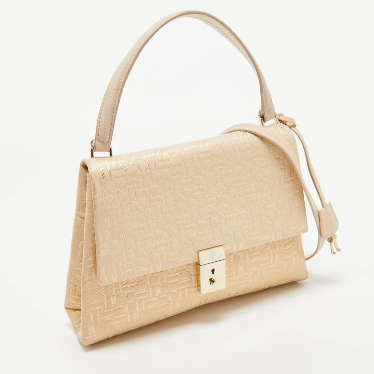 Pre Owned CH Carolina Herrera Light Beige/Gold Embossed Leather Top Handle Bag