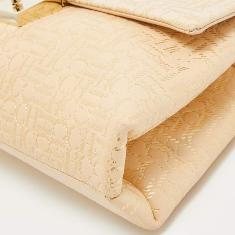 Pre Owned CH Carolina Herrera Light Beige/Gold Embossed Leather Top Handle Bag
