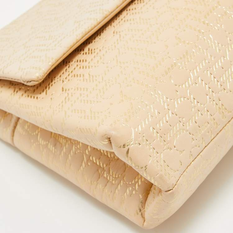 Pre Owned CH Carolina Herrera Light Beige/Gold Embossed Leather Top Handle Bag