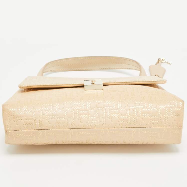 Pre Owned CH Carolina Herrera Light Beige/Gold Embossed Leather Top Handle Bag