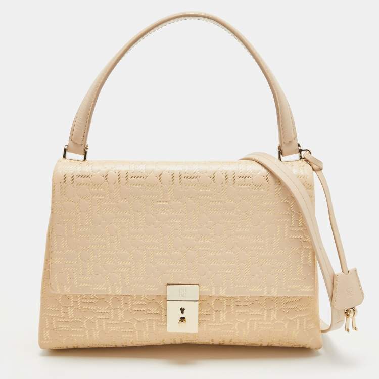Pre Owned CH Carolina Herrera Light Beige/Gold Embossed Leather Top Handle Bag