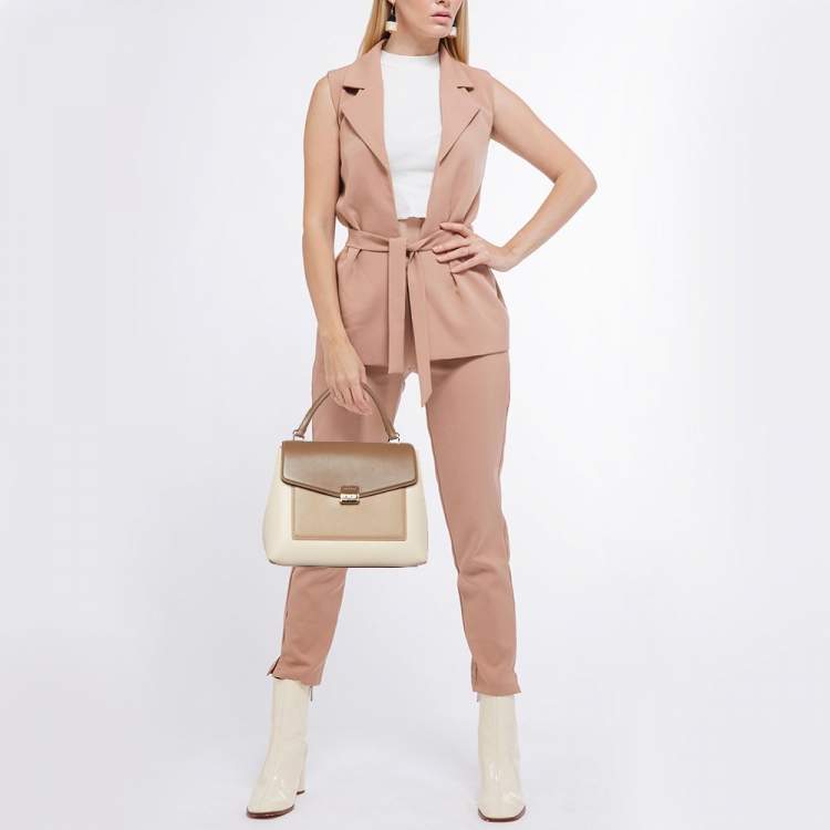 Pre Owned CH Carolina Herrera Two Tone Beige Leather Top Handle Bag