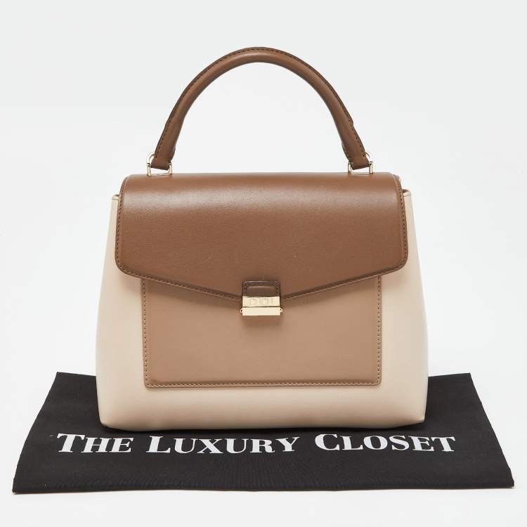 Pre Owned CH Carolina Herrera Two Tone Beige Leather Top Handle Bag