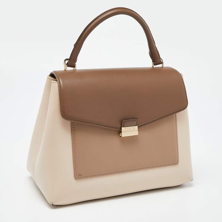 Pre Owned CH Carolina Herrera Two Tone Beige Leather Top Handle Bag