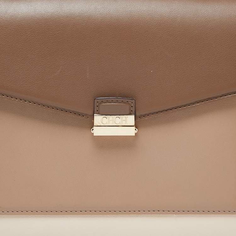 Pre Owned CH Carolina Herrera Two Tone Beige Leather Top Handle Bag