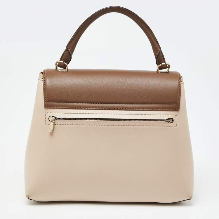Pre Owned CH Carolina Herrera Two Tone Beige Leather Top Handle Bag
