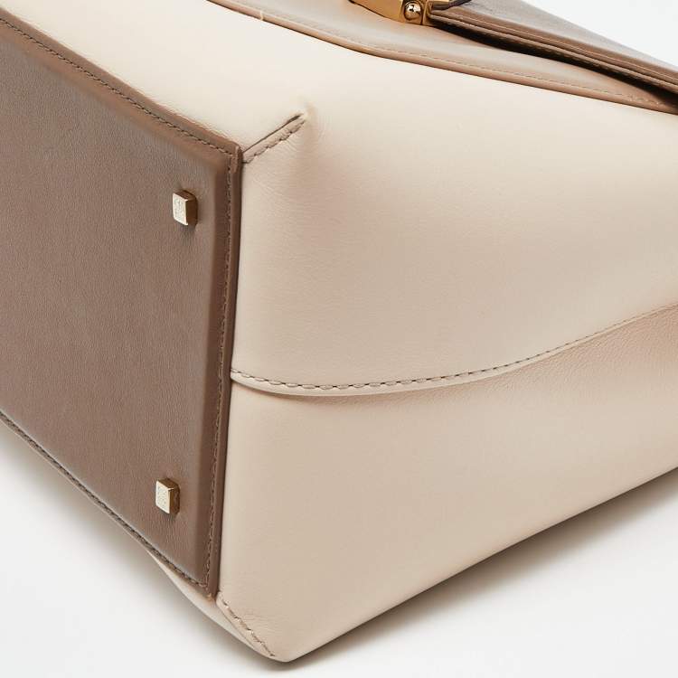 Pre Owned CH Carolina Herrera Two Tone Beige Leather Top Handle Bag