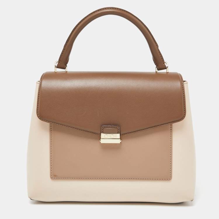 Pre Owned CH Carolina Herrera Two Tone Beige Leather Top Handle Bag