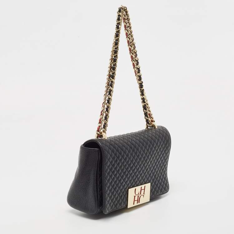 Pre Owned CH Carolina Herrera Black Quilted Leather Flap Chain Shoulder Bag