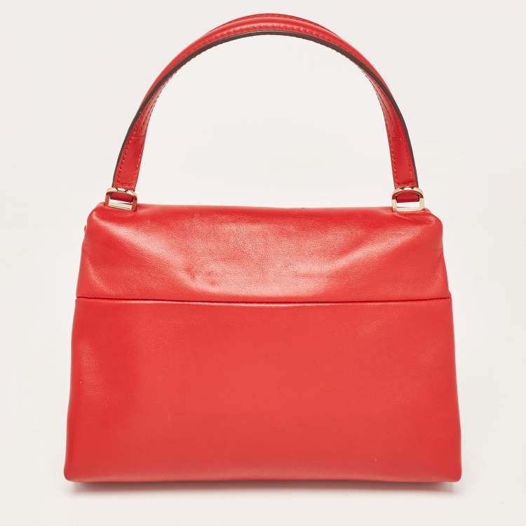 Pre Owned CH Carolina Herrera Red Leather Metal Bar Flap Top Handle Bag