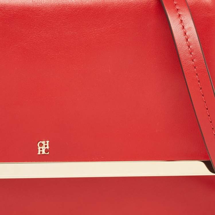 Pre Owned CH Carolina Herrera Red Leather Metal Bar Flap Top Handle Bag