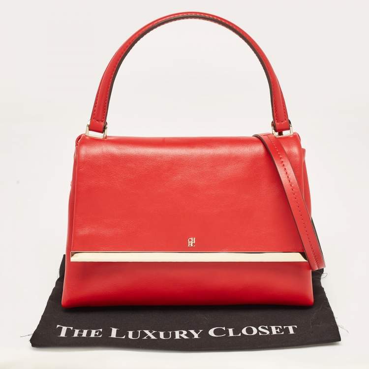 Pre Owned CH Carolina Herrera Red Leather Metal Bar Flap Top Handle Bag