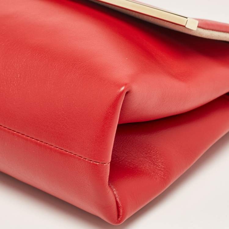 Pre Owned CH Carolina Herrera Red Leather Metal Bar Flap Top Handle Bag