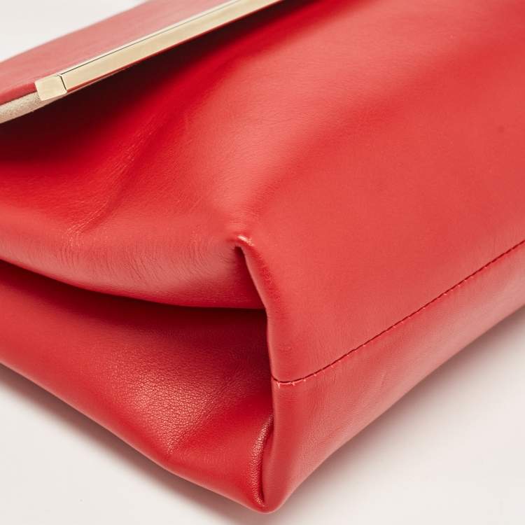 Pre Owned CH Carolina Herrera Red Leather Metal Bar Flap Top Handle Bag