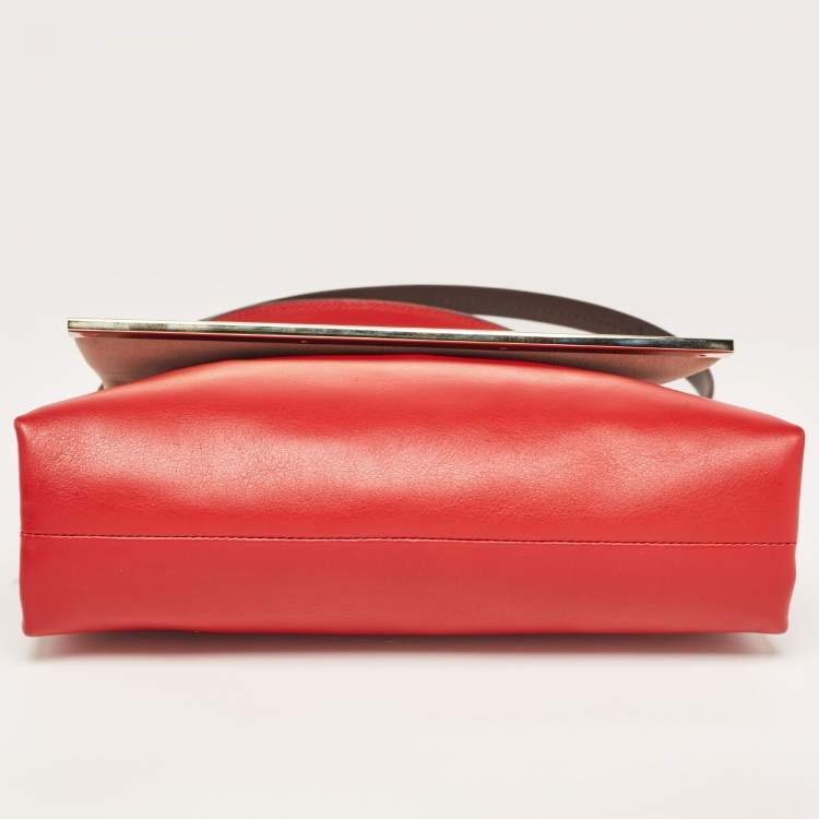 Pre Owned CH Carolina Herrera Red Leather Metal Bar Flap Top Handle Bag