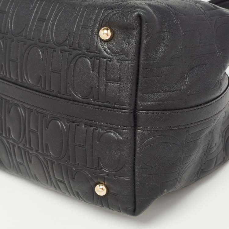 Pre Owned CH Carolina Herrera Black Monogram Leather Medium Matryoshka Tote