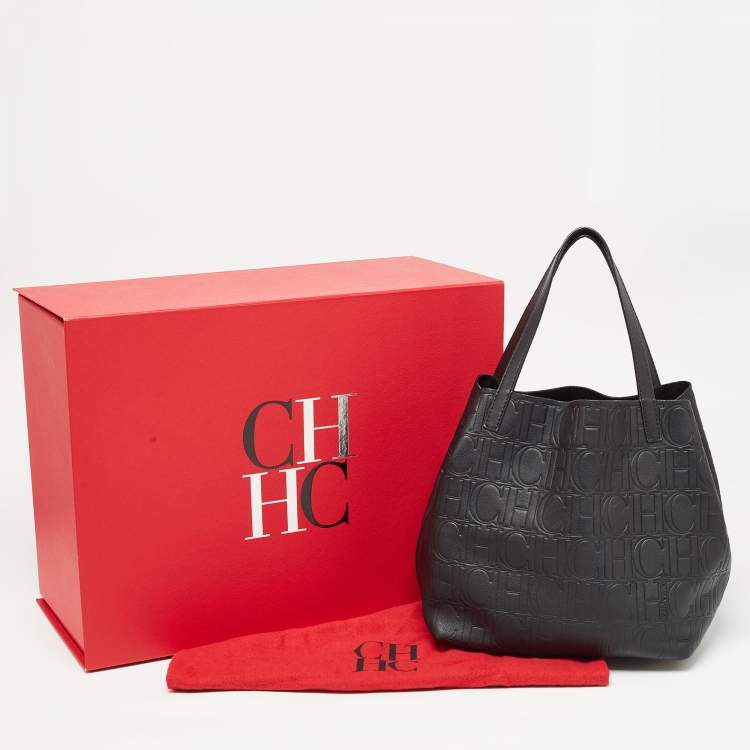 Pre Owned CH Carolina Herrera Black Monogram Leather Medium Matryoshka Tote