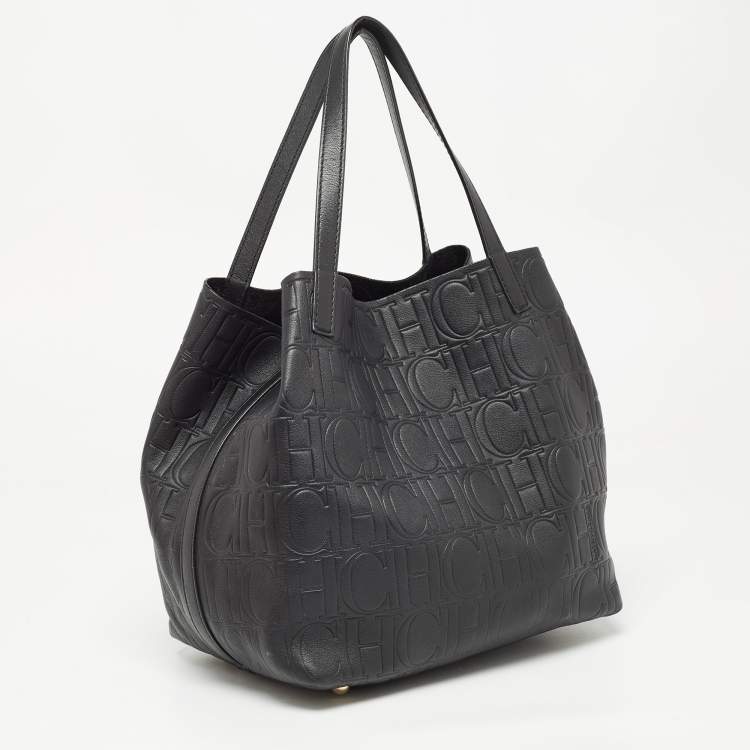 Pre Owned CH Carolina Herrera Black Monogram Leather Medium Matryoshka Tote