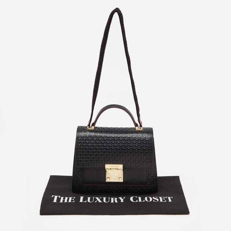 Pre Owned CH Carolina Herrera Black Embossed Logo Leather Flap Top Handle Bag