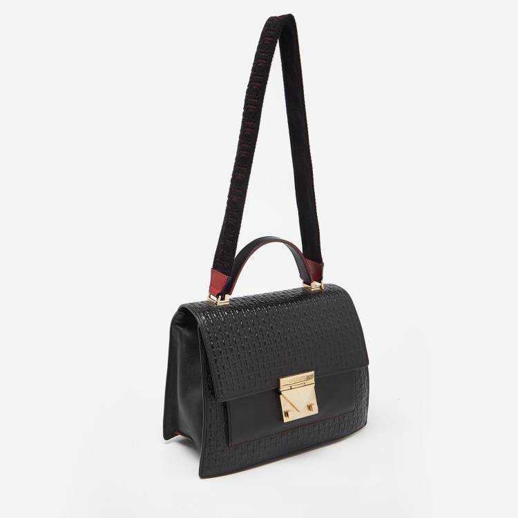 Pre Owned CH Carolina Herrera Black Embossed Logo Leather Flap Top Handle Bag