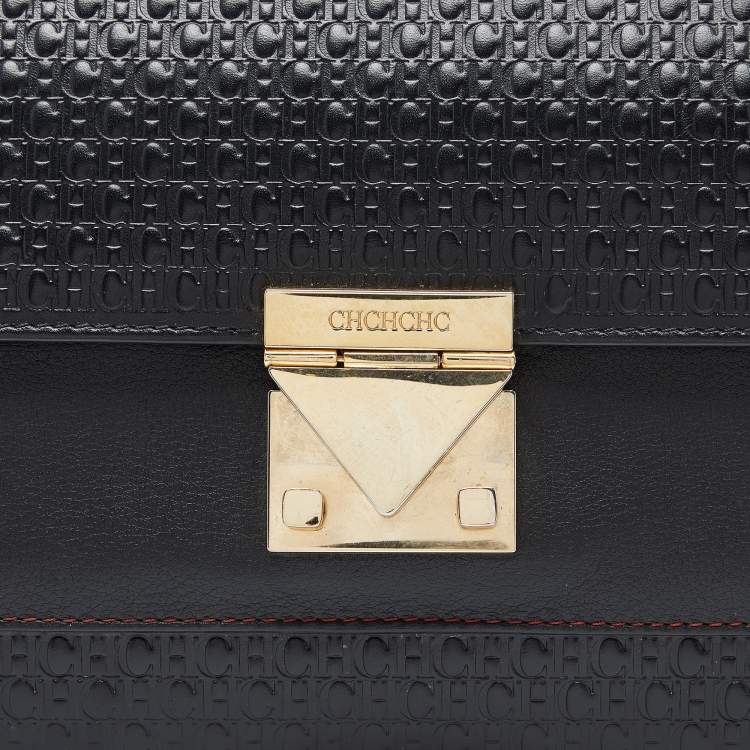 Pre Owned CH Carolina Herrera Black Embossed Logo Leather Flap Top Handle Bag