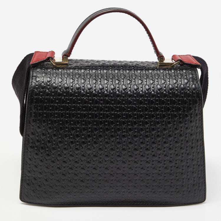Pre Owned CH Carolina Herrera Black Embossed Logo Leather Flap Top Handle Bag