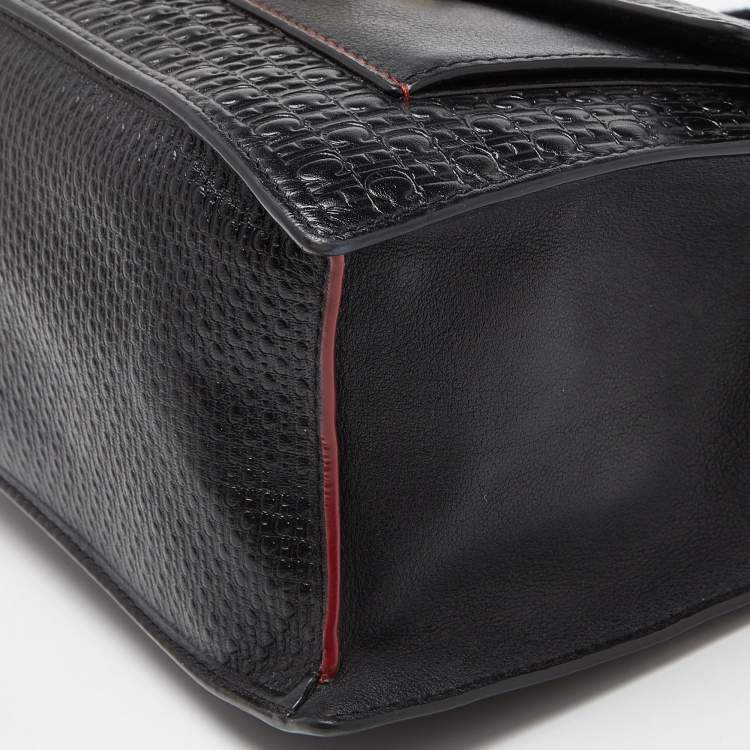 Pre Owned CH Carolina Herrera Black Embossed Logo Leather Flap Top Handle Bag