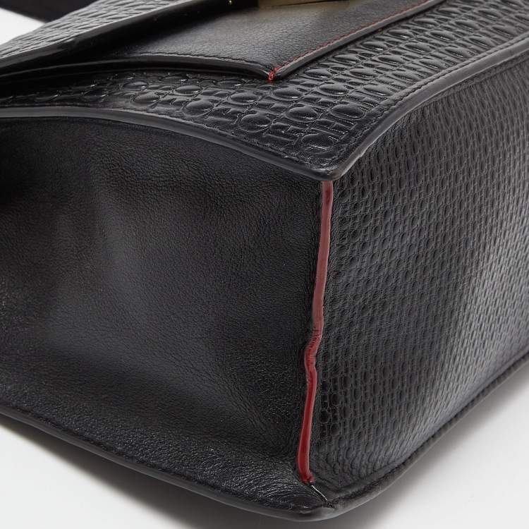 Pre Owned CH Carolina Herrera Black Embossed Logo Leather Flap Top Handle Bag